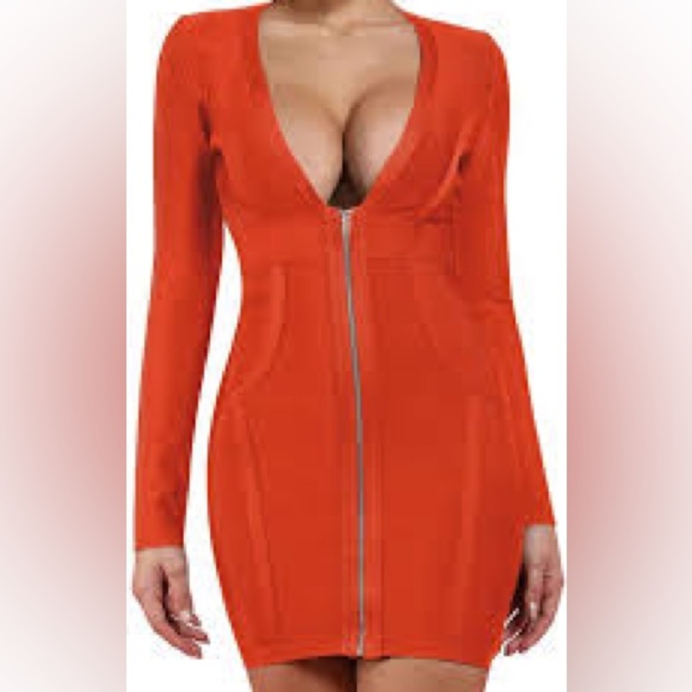Bandage Dress Vibrant Orange Long Sleeve